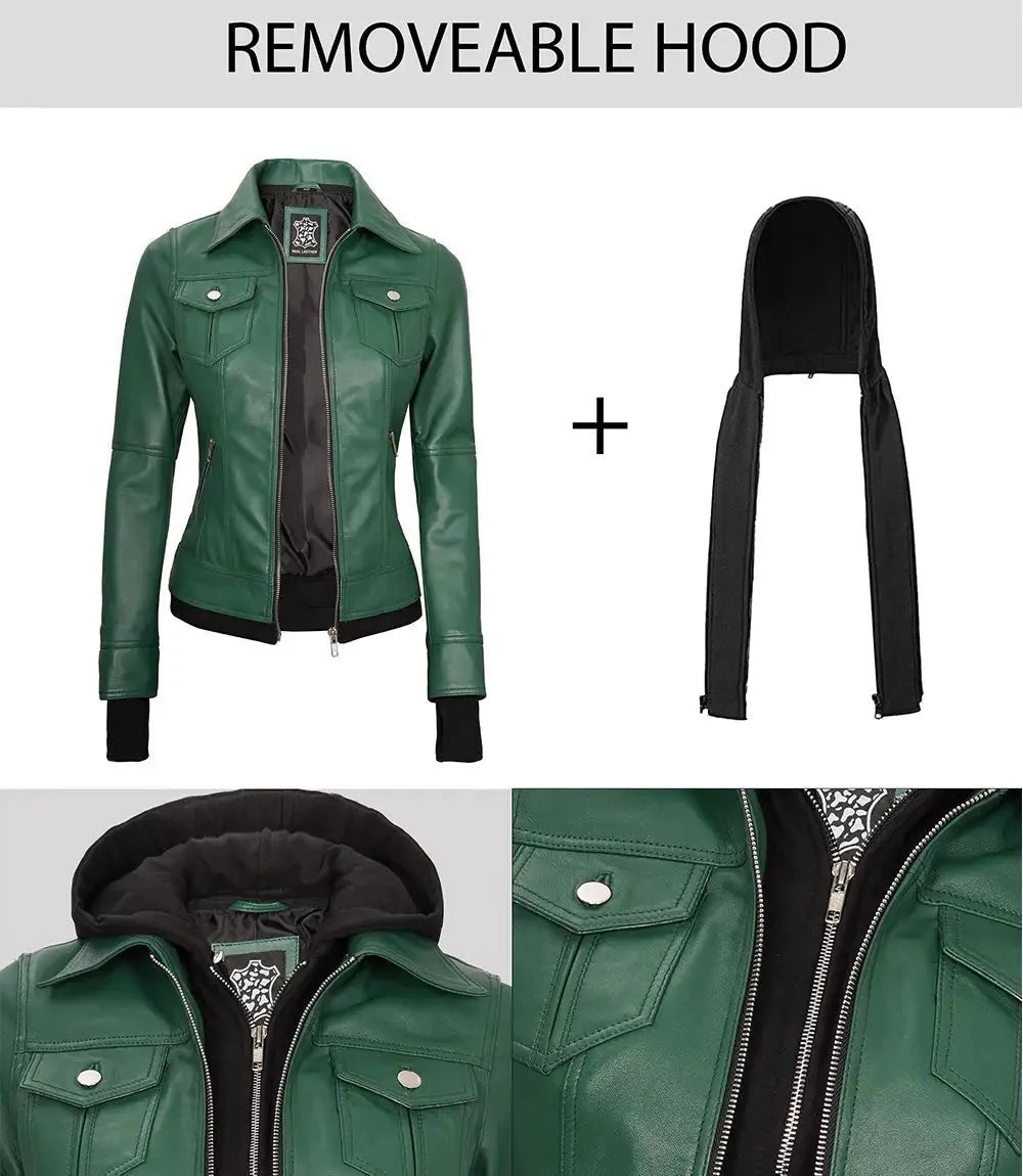 Tralee Women's Green Real Leather Jacket with Hood - Vox Leather