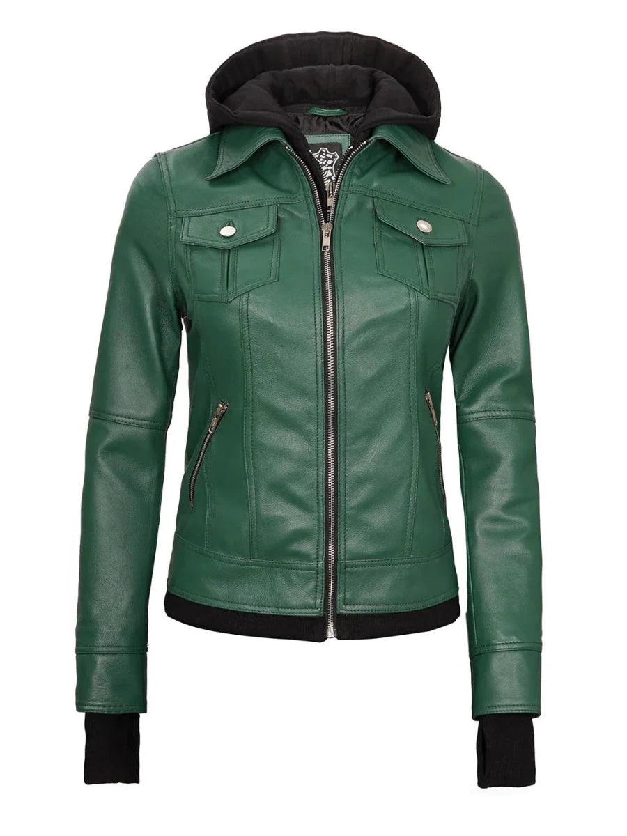Tralee Women's Green Real Leather Jacket with Hood - Vox Leather