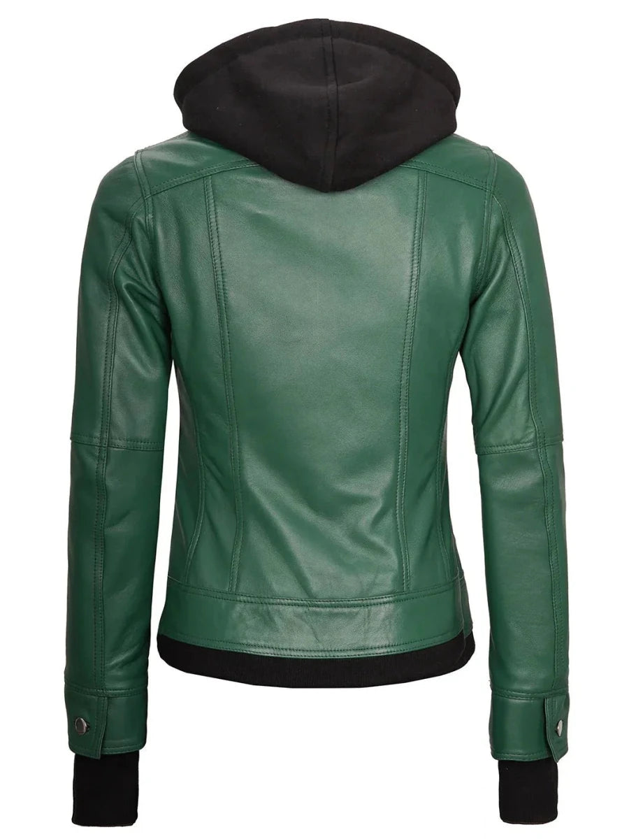 Tralee Women's Green Real Leather Jacket with Hood - Vox Leather
