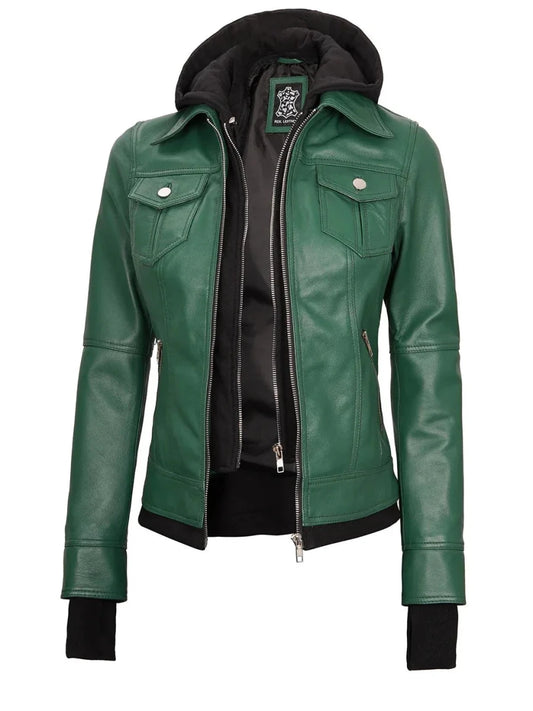 Tralee Women's Green Real Leather Jacket with Hood - Vox Leather