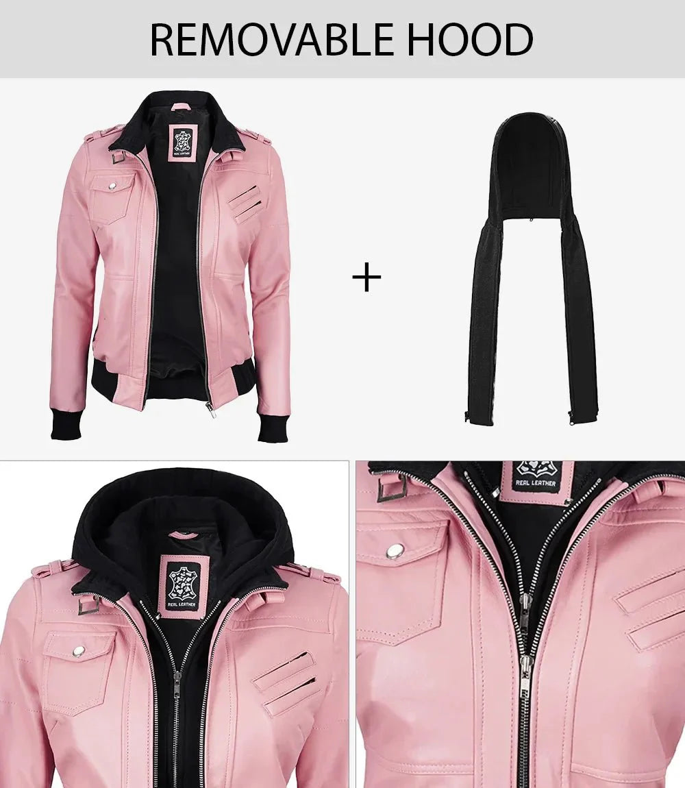 Tralee Women's Pink Leather Motorcycle Jacket with Hood - Rare Leather