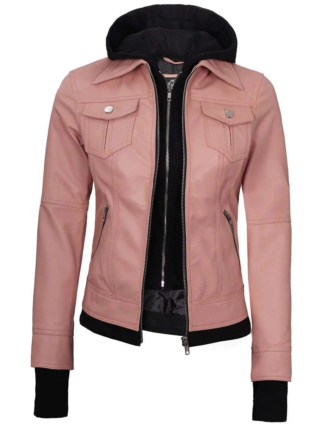 Tralee Women's Pink Leather Motorcycle Jacket with Hood - Rare Leather