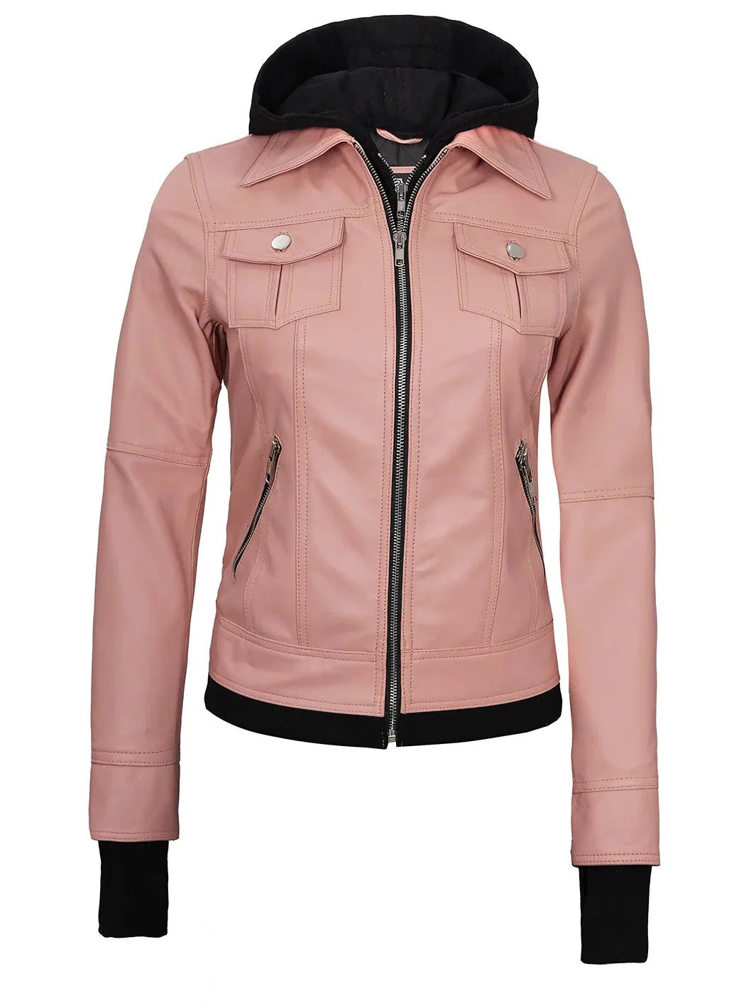 Tralee Women's Pink Leather Motorcycle Jacket with Hood - Rare Leather