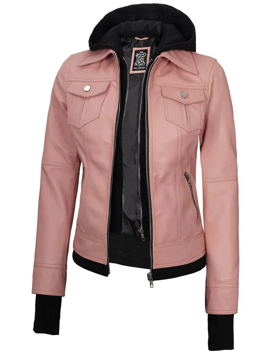 Tralee Women's Pink Leather Motorcycle Jacket with Hood - Vox Leather