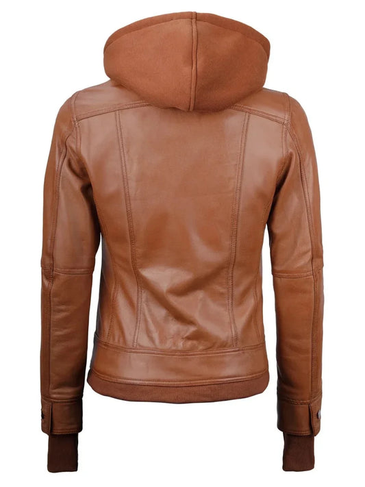 Tralee Womens Tan Wax Bomber Leather Jacket With Removable Hood - Vox Leather
