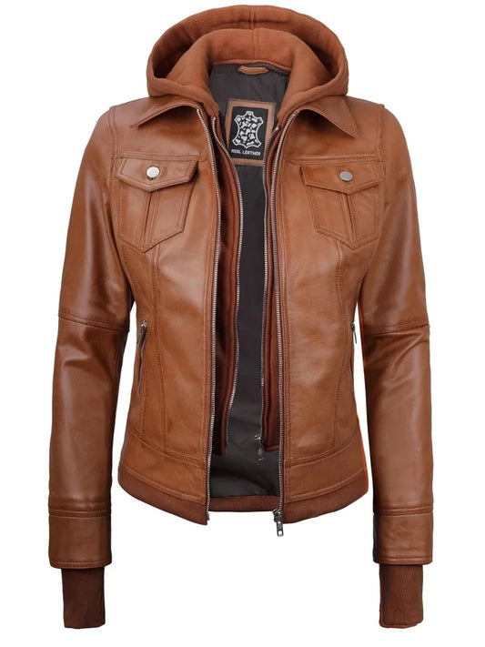Tralee Womens Tan Wax Bomber Leather Jacket With Removable Hood - Vox Leather