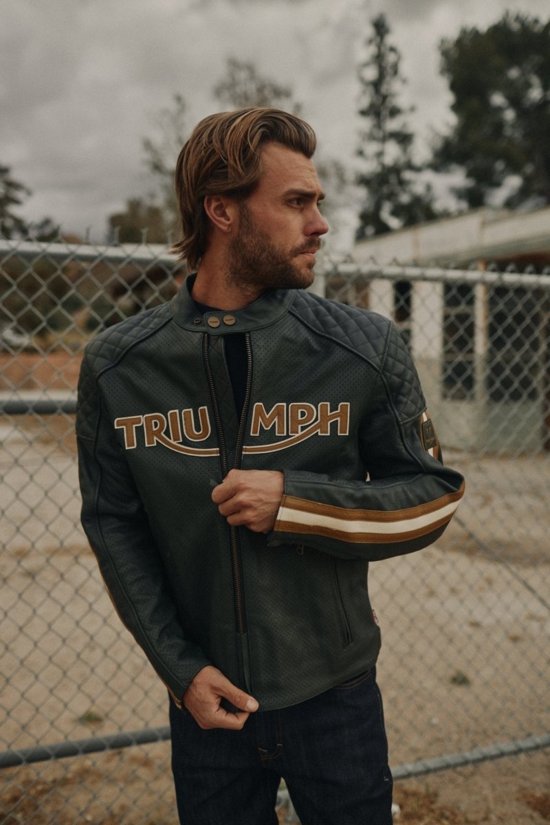 Triumph Braddan Gold Retro Air Race Black Leather Jacket - Vox Leather