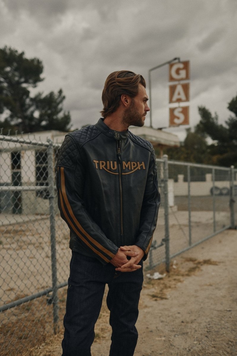 Triumph Braddan Gold Retro Air Race Black Leather Jacket - Vox Leather