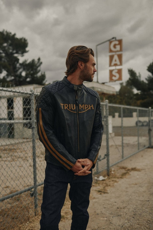 Triumph Braddan Gold Retro Air Race Black Leather Jacket - Vox Leather