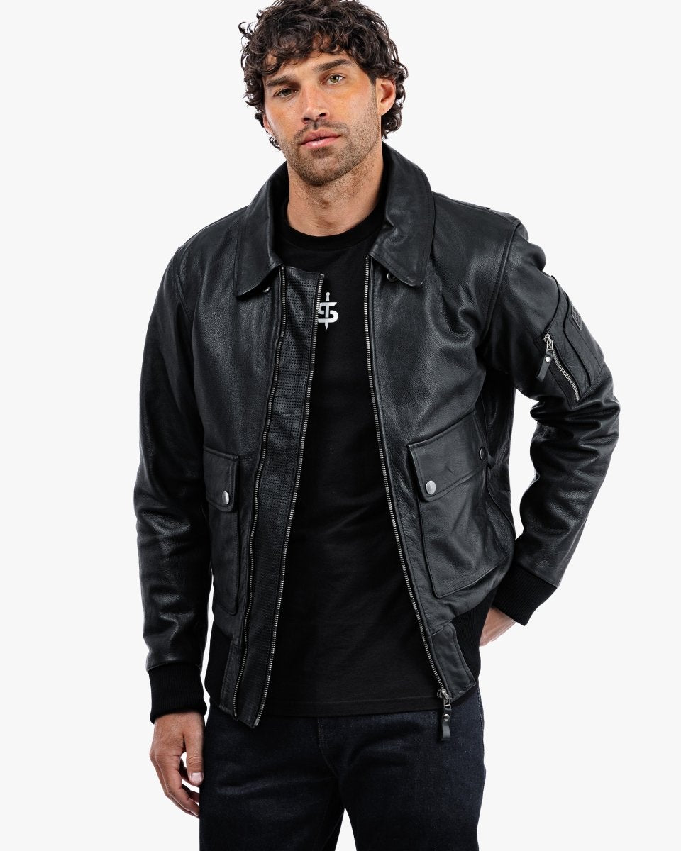 Turbine Black Leather Motorcycle Bomber Jacket - Vox Leather