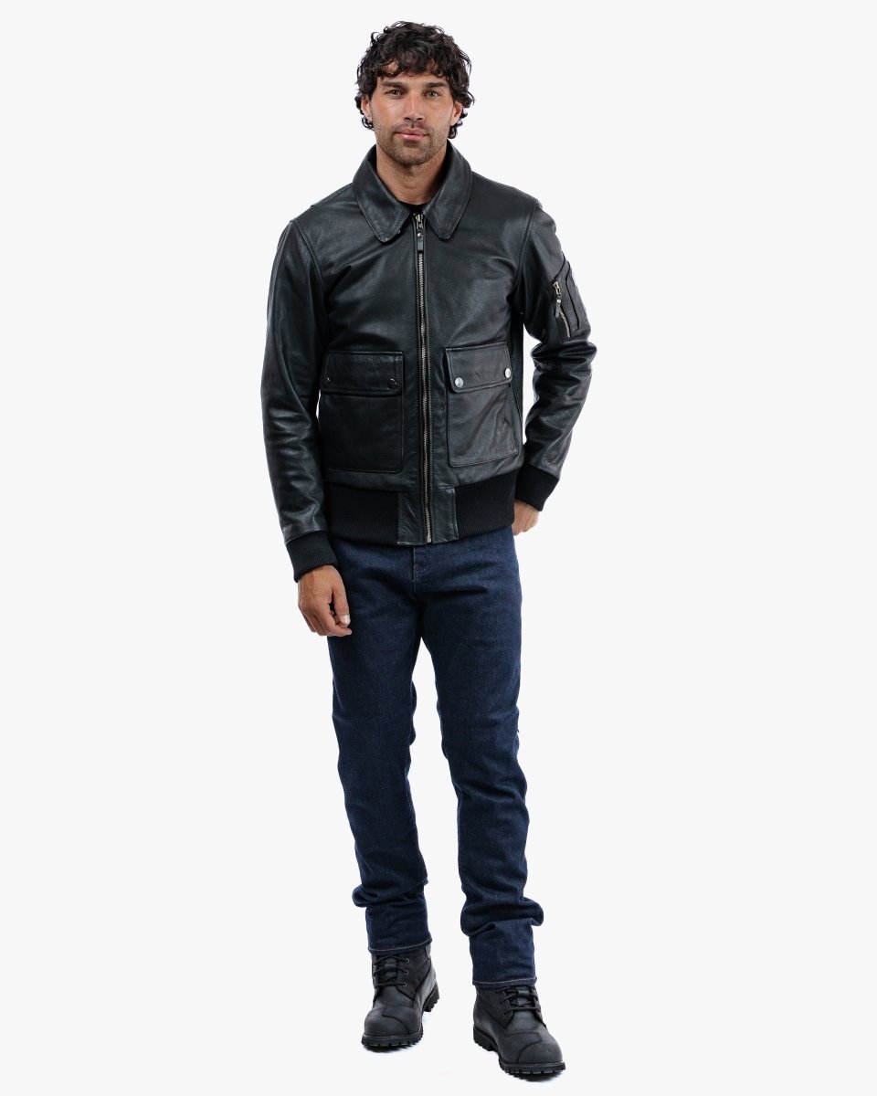 Turbine Black Leather Motorcycle Bomber Jacket - Vox Leather