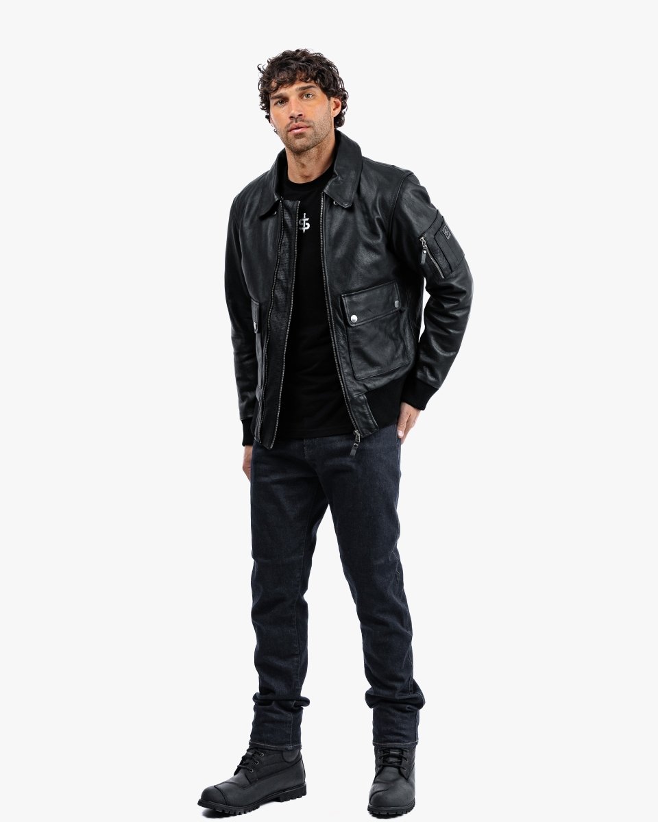 Turbine Black Leather Motorcycle Bomber Jacket - Vox Leather