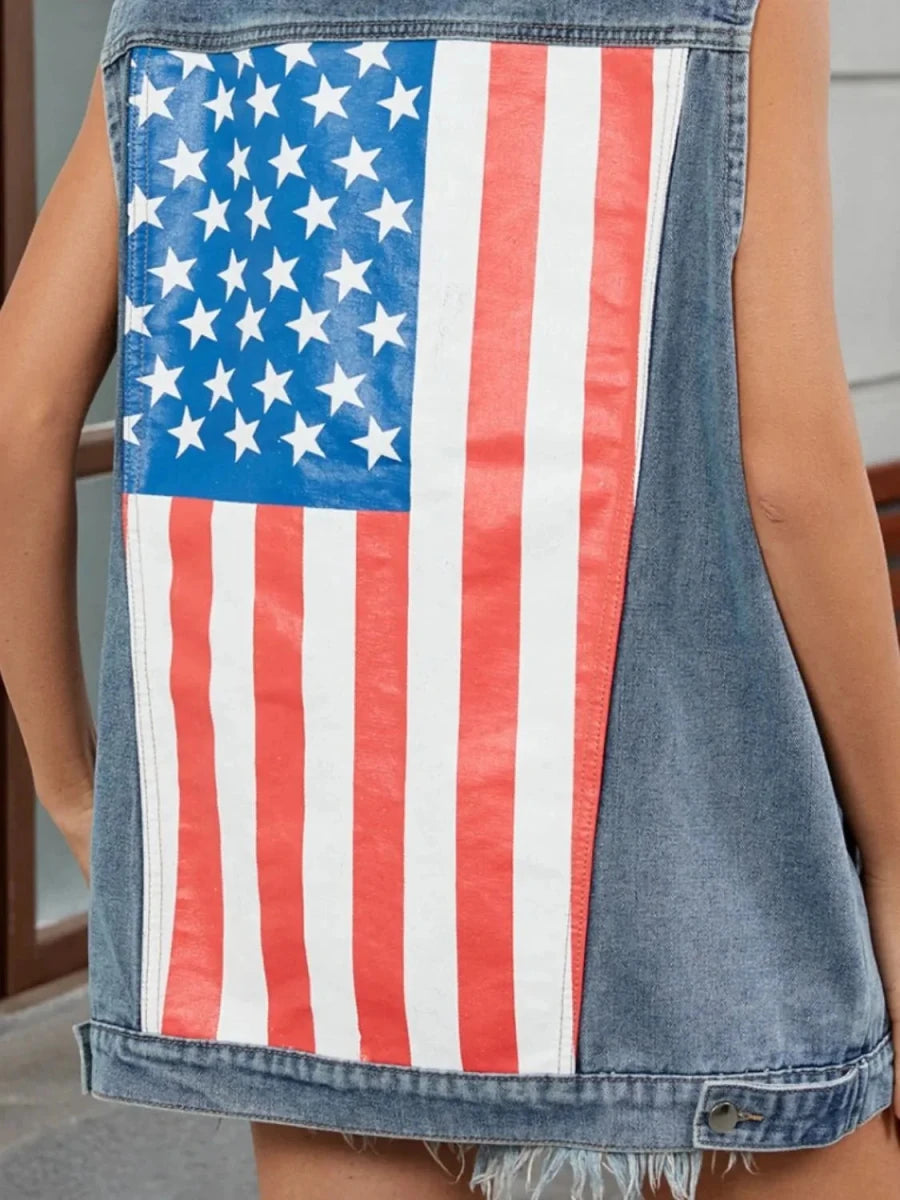 US Flag Button Up Denim Jacket - Vox Leather