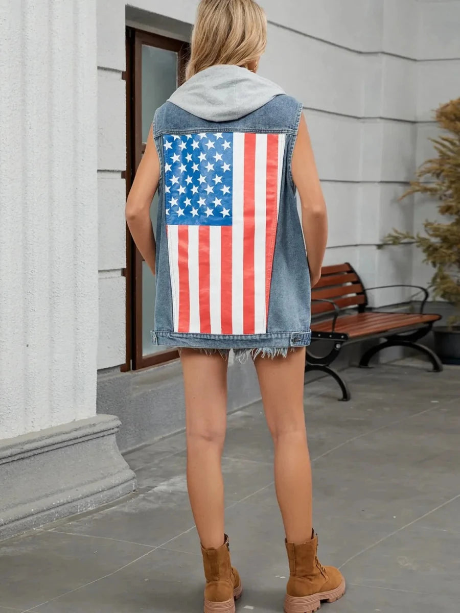 US Flag Button Up Denim Jacket - Vox Leather