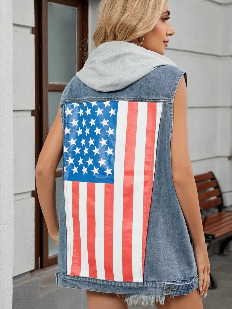 US Flag Button Up Denim Jacket - Vox Leather