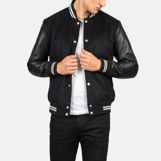 Vaxton Black Striped Hybrid Varsity Jacket - Vox Leather