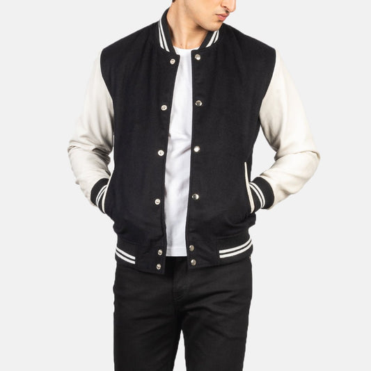 Vaxton Black & White Hybrid Varsity Jacket - Vox Leather
