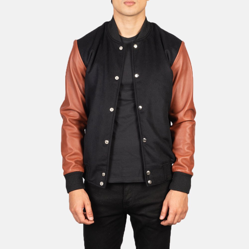 Vaxton Brown & Black Hybrid Varsity Jacket - Vox Leather