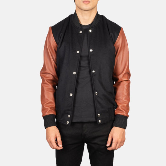 Vaxton Brown & Black Hybrid Varsity Jacket - Vox Leather