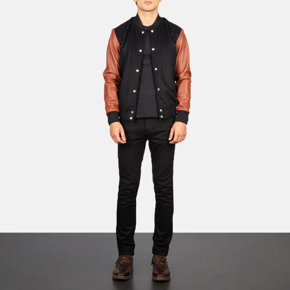 Vaxton Brown & Black Hybrid Varsity Jacket - Vox Leather