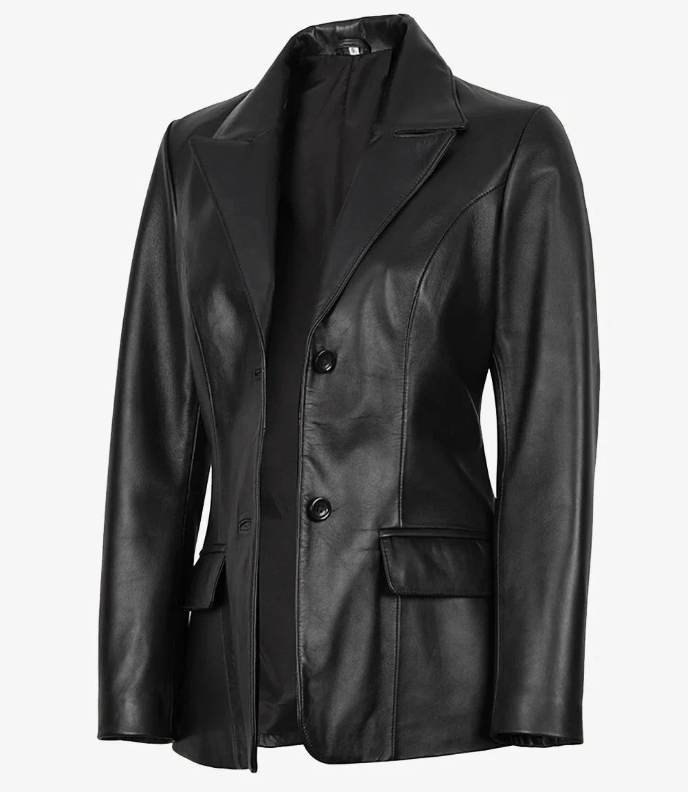 Vicenza Women's Black Two-Button Leather Blazer - Vox Leather