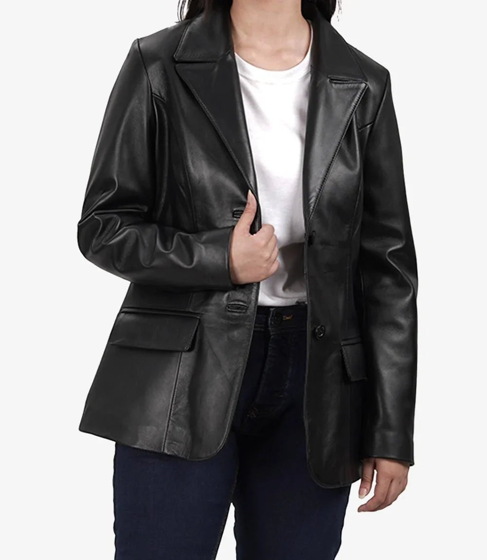 Vicenza Women's Black Two-Button Leather Blazer - Vox Leather