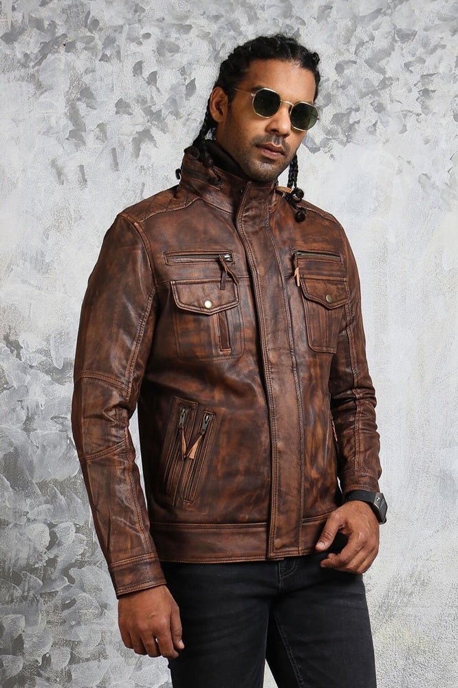 Vintage Biker Brown Leather Jacket with Detachable Fleece - Rare Leather