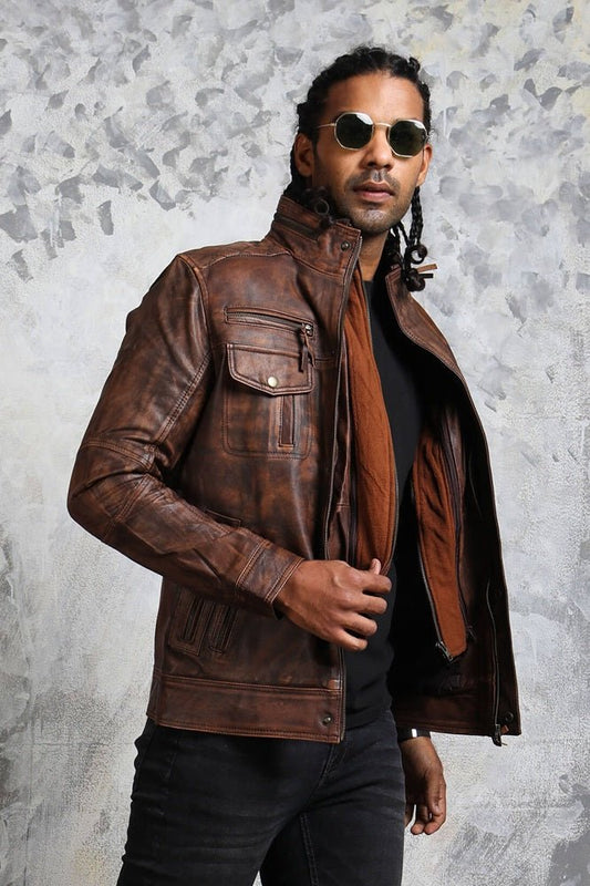 Vintage Biker Brown Leather Jacket with Detachable Fleece - Rare Leather