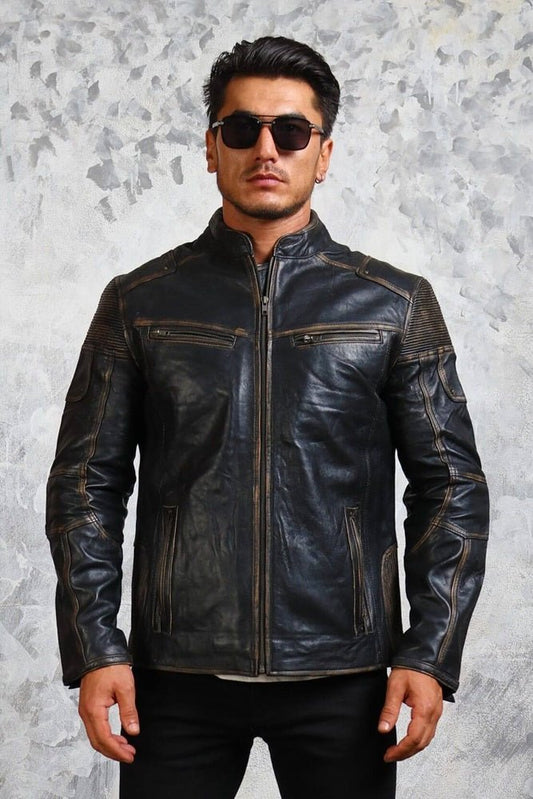 Vintage Distressed Men's Biker Leather Jacket - Rare Leather