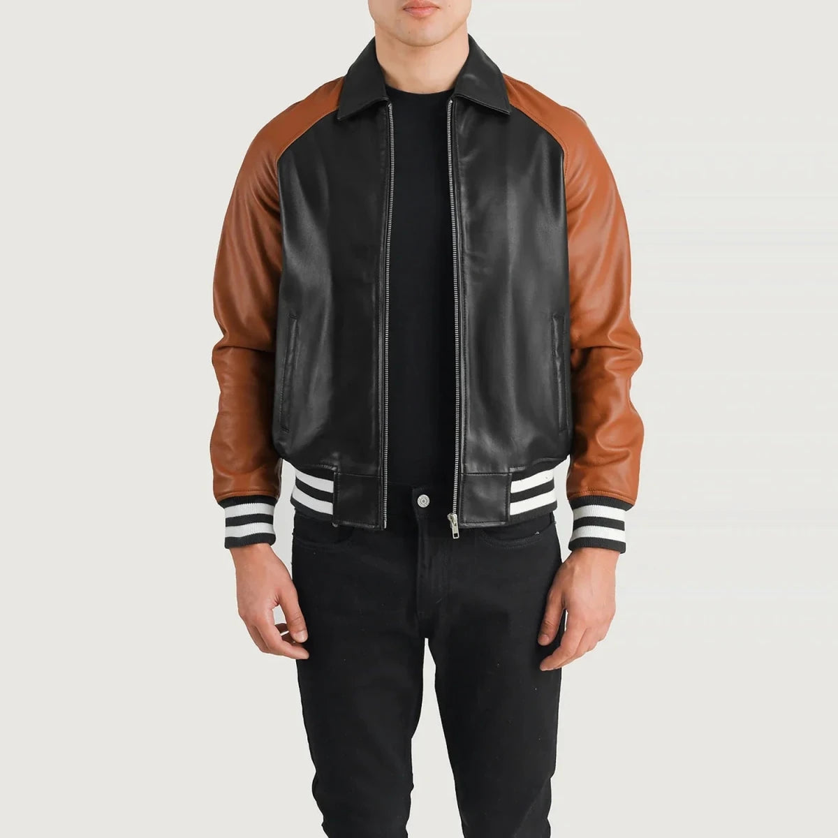 Walton Black & Brown Leather Varsity Jacket - Vox Leather