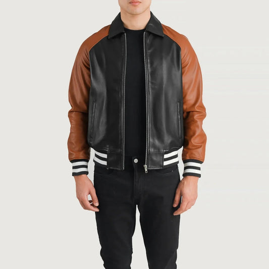 Walton Black & Brown Leather Varsity Jacket - Vox Leather