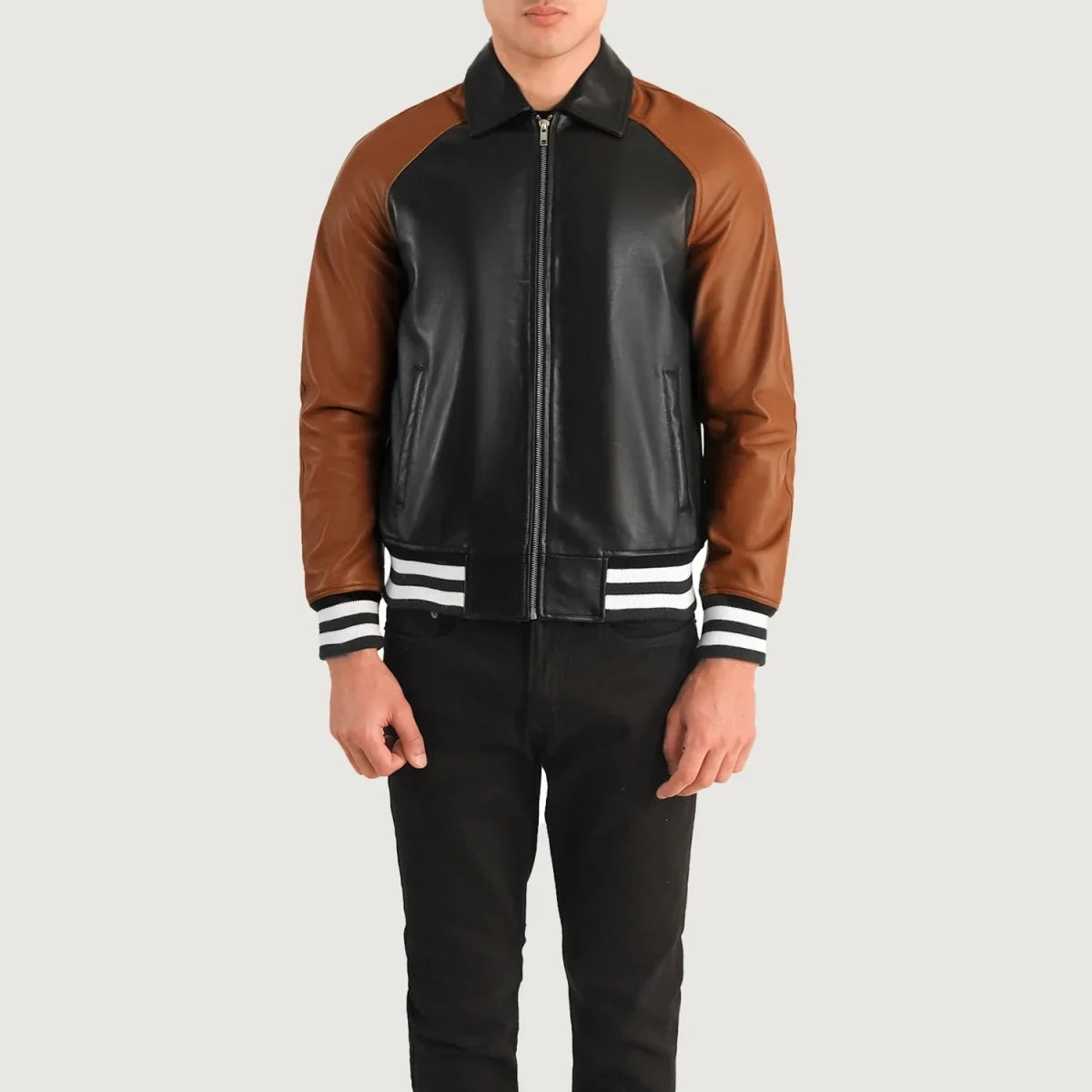 Walton Black & Brown Leather Varsity Jacket - Vox Leather