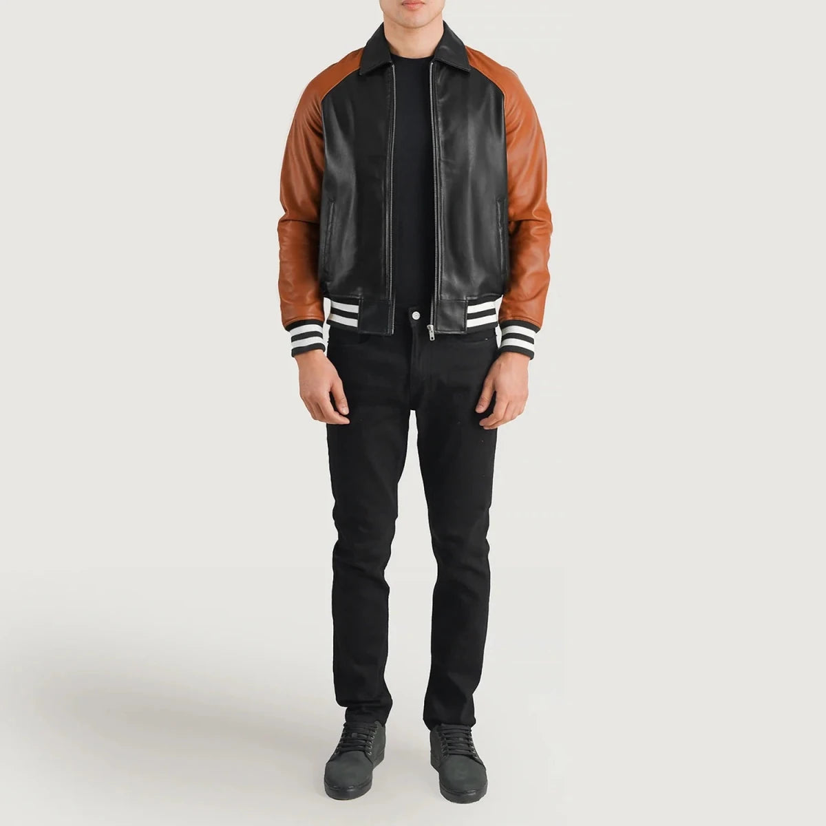 Walton Black & Brown Leather Varsity Jacket - Vox Leather