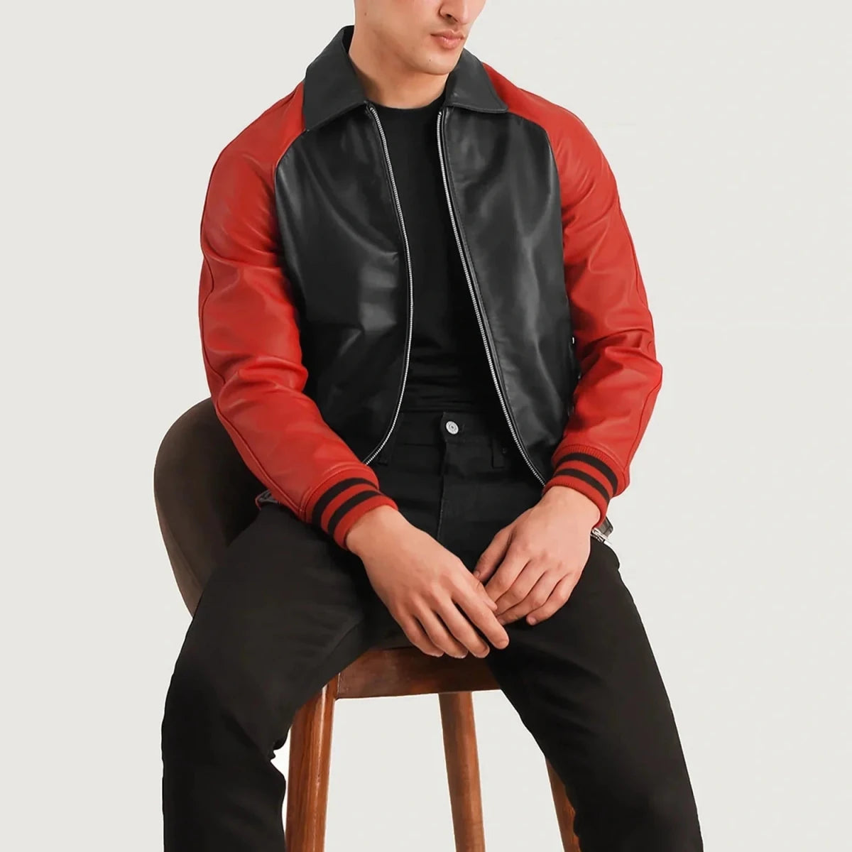 Walton Black & Red Leather Varsity Jacket - Vox Leather