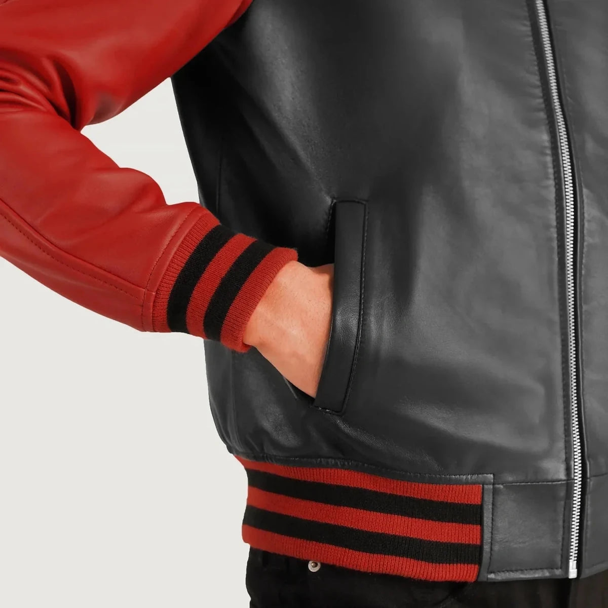 Walton Black & Red Leather Varsity Jacket - Vox Leather