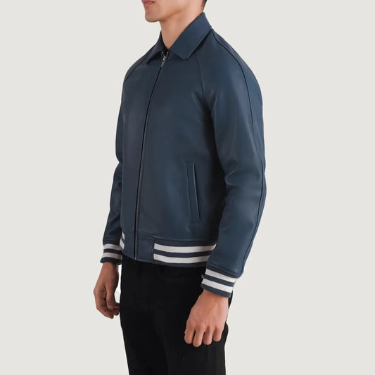 Walton Blue Leather Varsity Jacket - Vox Leather