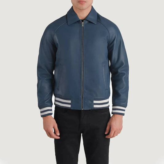 Walton Blue Leather Varsity Jacket - Vox Leather