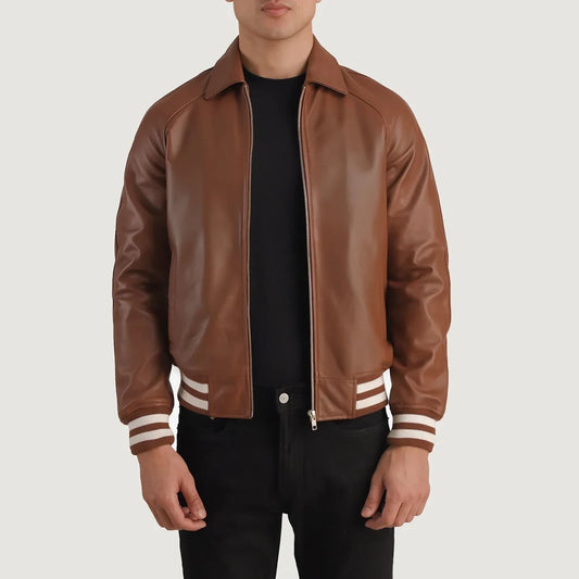 Walton Brown Leather Varsity Jacket - Vox Leather