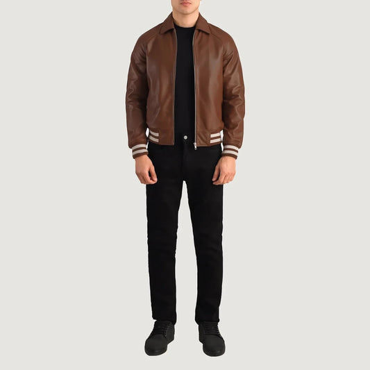 Walton Brown Leather Varsity Jacket - Vox Leather