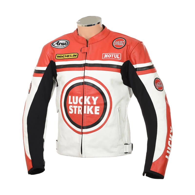 White & Red Lucky Strike Leather Biker Jacket - Rare Leather Order Now !!