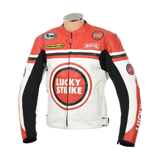 White & Red Lucky Strike Leather Biker Jacket - Vox Leather