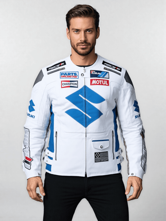 White Suzuki Motul Motorcycle Leather Racing Jacket - Vox Leather