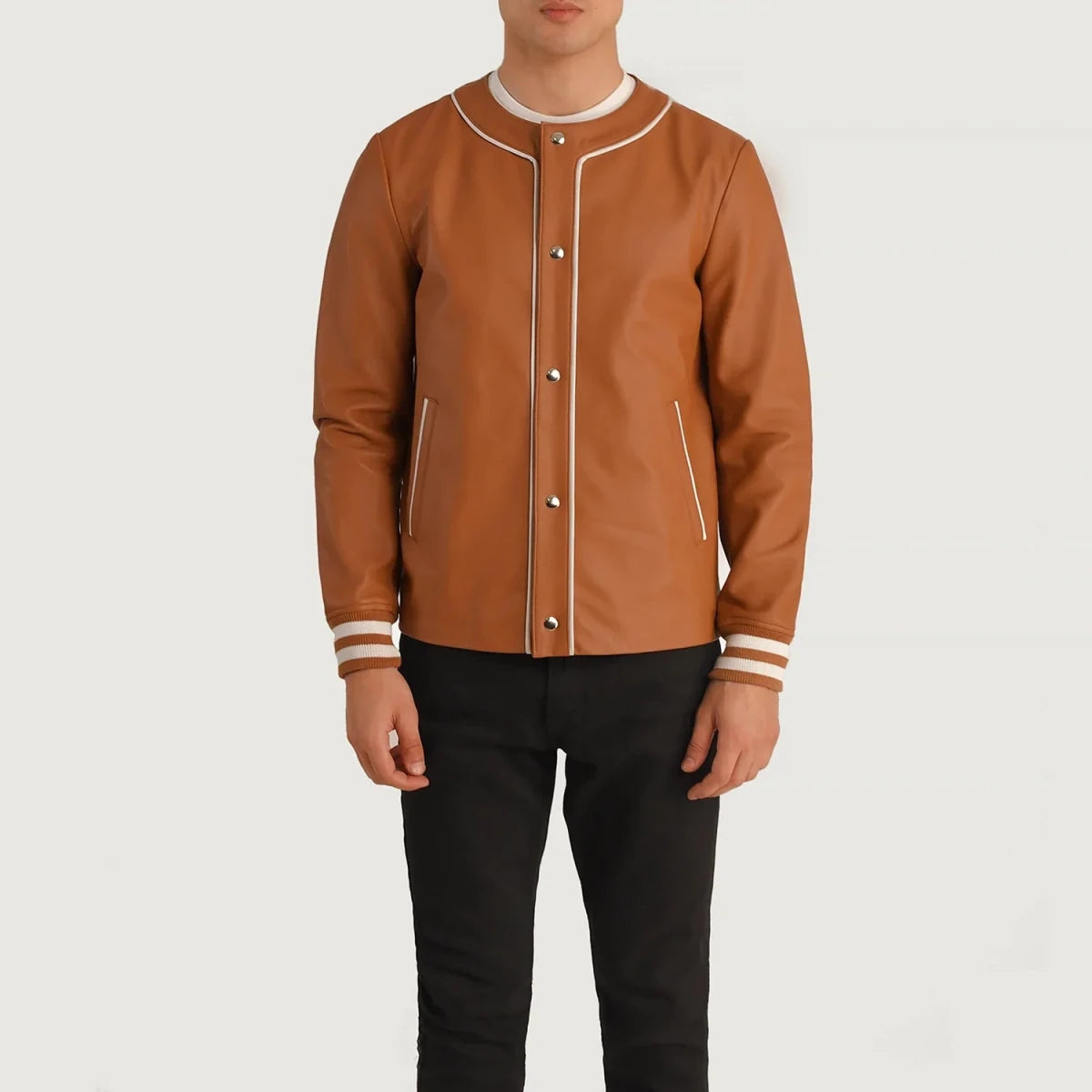Willis Tan Brown Leather Varsity Jacket - Vox Leather