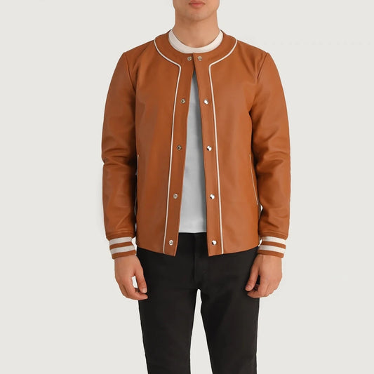 Willis Tan Brown Leather Varsity Jacket - Vox Leather