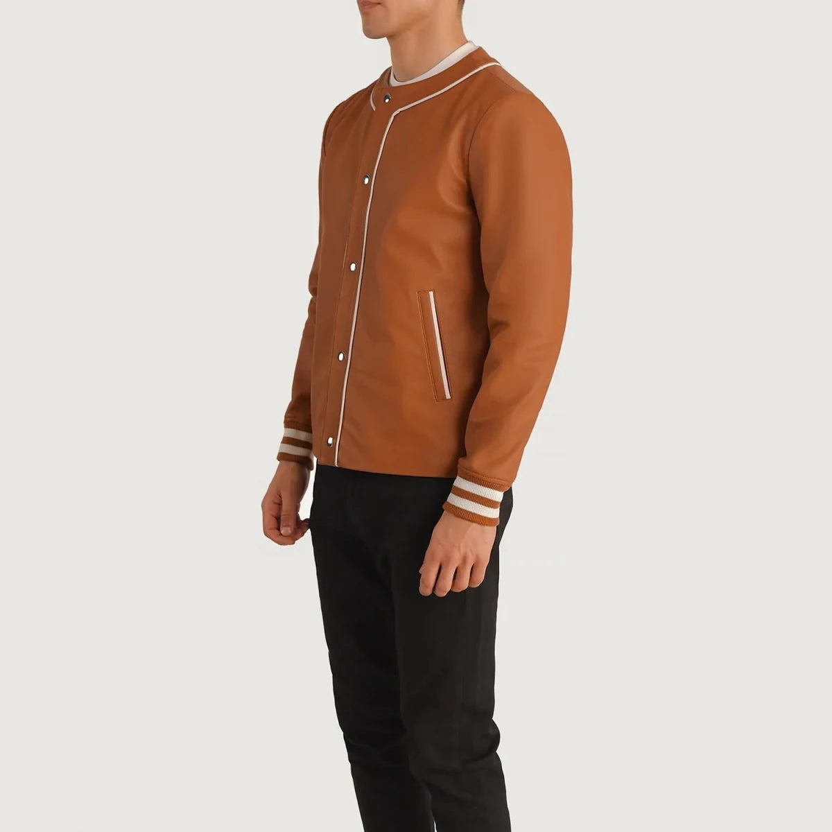 Willis Tan Brown Leather Varsity Jacket - Vox Leather
