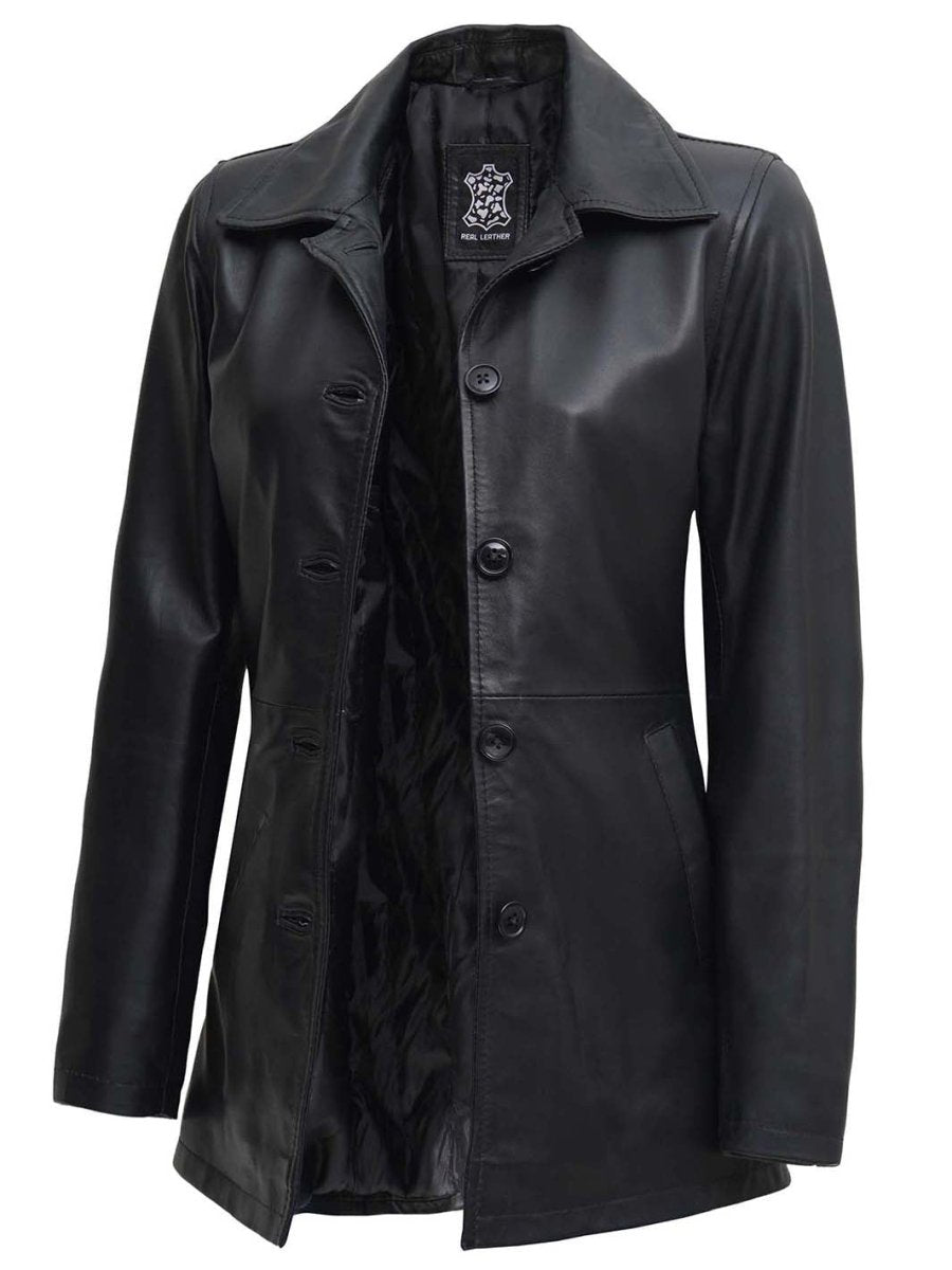 Winchester Womens Black Leather 3 4 Length Car Coat - Vox Leather