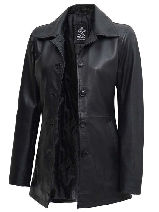Winchester Womens Black Leather 3 4 Length Car Coat - Vox Leather