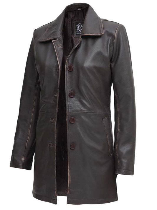 Winchester Women's Distressed Dark Brown Leather Coat - Vox Leather