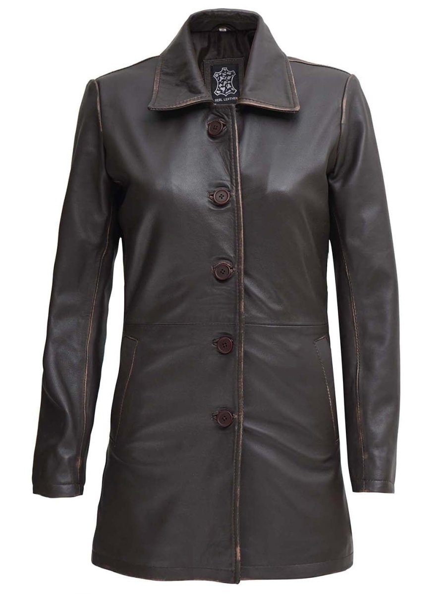 Winchester Women's Distressed Dark Brown Leather Coat - Vox Leather