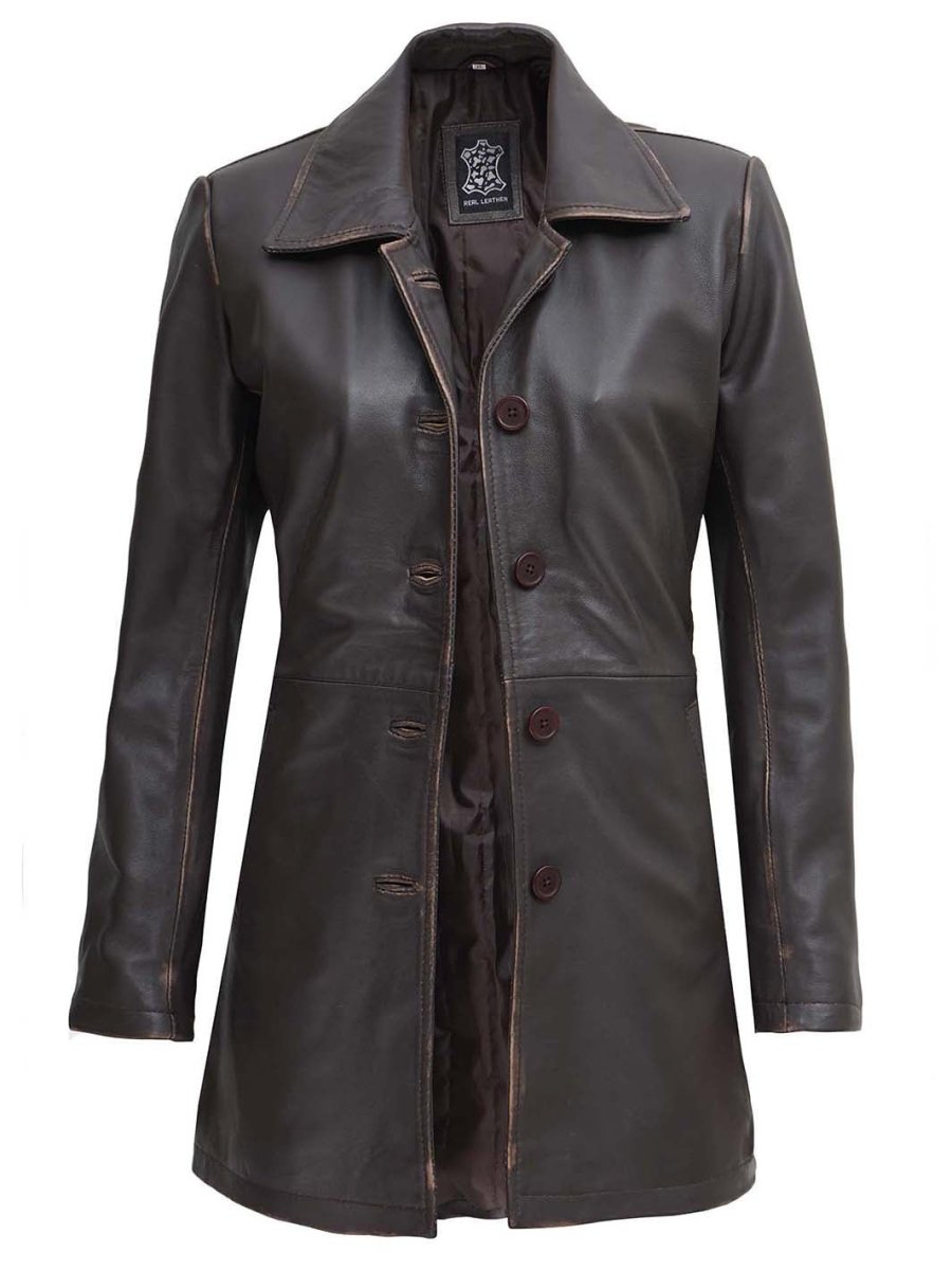 Winchester Women's Distressed Dark Brown Leather Coat - Vox Leather